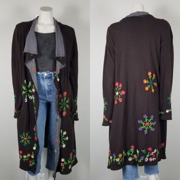 Johnny Was Sweaters - Biya Johnny Was Brown Floral Embroidered Waterfall Long Brown Cardigan Size M